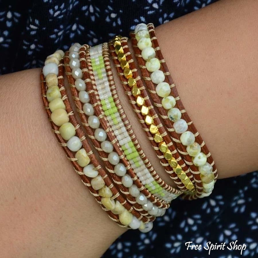 Natural Lime Miyuki Beads, Agate & Jasper Stone Leather Wrap Bracelet - Free Spirit Shop