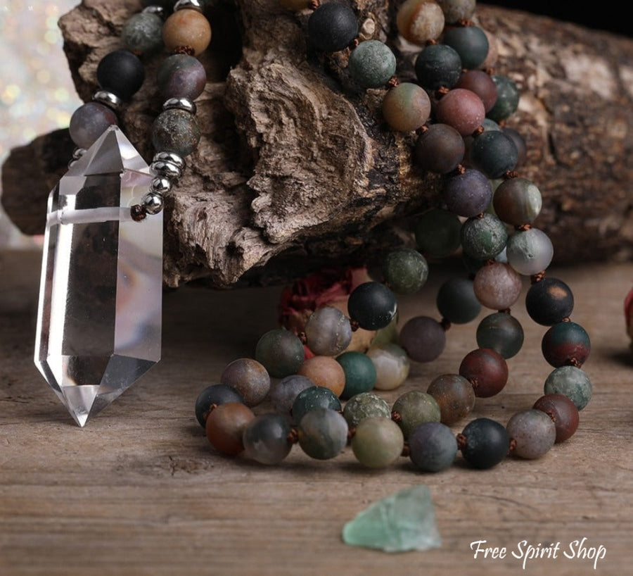 Natural Matte Indian Agate & Clear Quartz Crystal Beaded Necklace - Free Spirit Shop