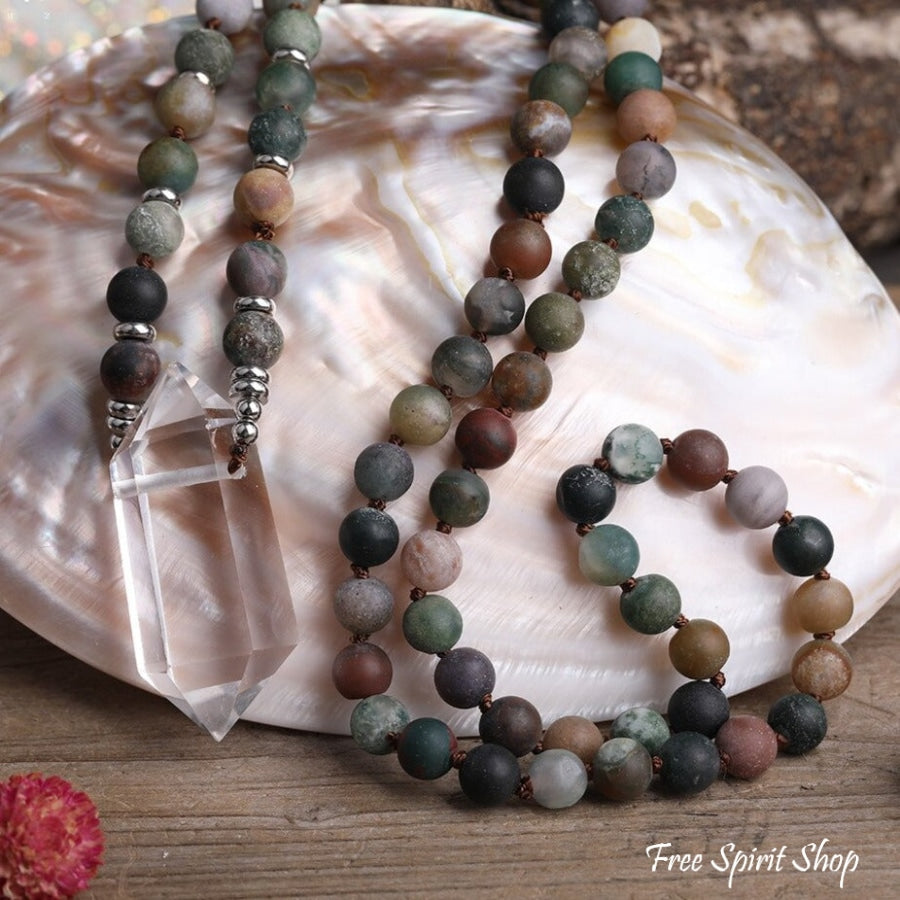 Natural Matte Indian Agate & Clear Quartz Crystal Beaded Necklace - Free Spirit Shop