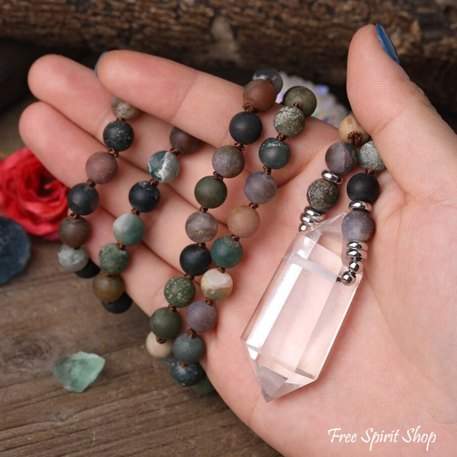 Natural Matte Indian Agate & Clear Quartz Crystal Beaded Necklace - Free Spirit Shop