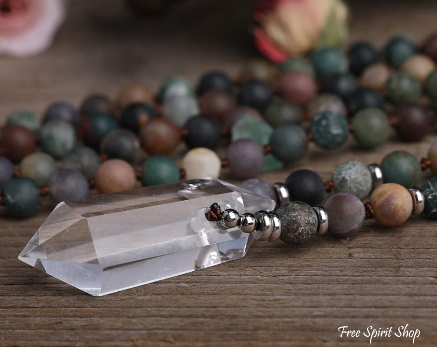 Natural Matte Indian Agate & Clear Quartz Crystal Beaded Necklace - Free Spirit Shop