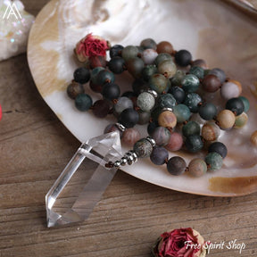 Natural Matte Indian Agate & Clear Quartz Crystal Beaded Necklace - Free Spirit Shop