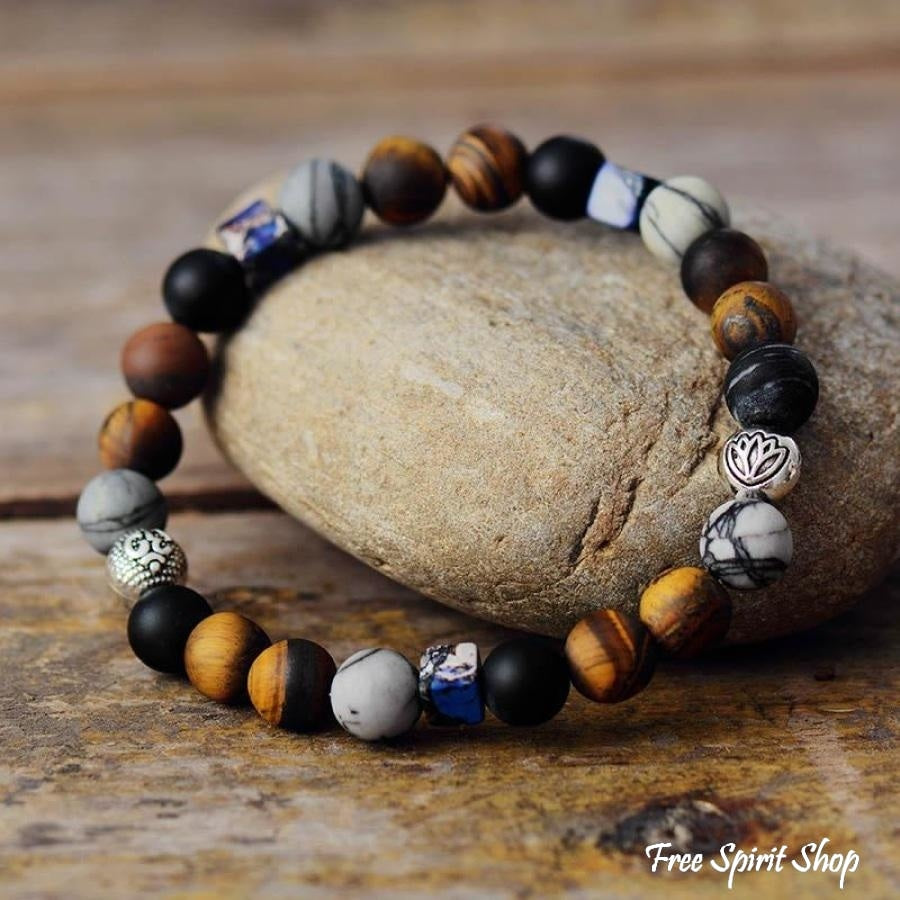 Natural Matte Tiger Eye Jasper & Onyx Bead Bracelet - Free Spirit Shop