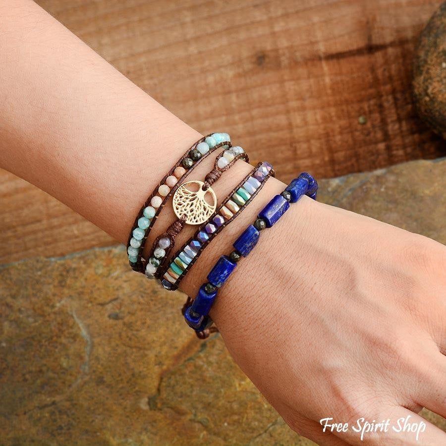 Natural Mixed Gemstones & Tree of Life Wrap Bracelet - Free Spirit Shop