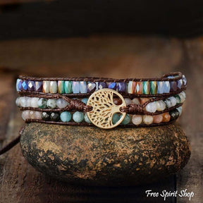 Natural Mixed Gemstones & Tree of Life Wrap Bracelet - Free Spirit Shop