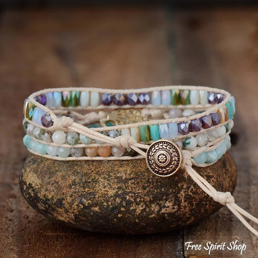 Natural Mixed Gemstones & Tree of Life Wrap Bracelet - Free Spirit Shop