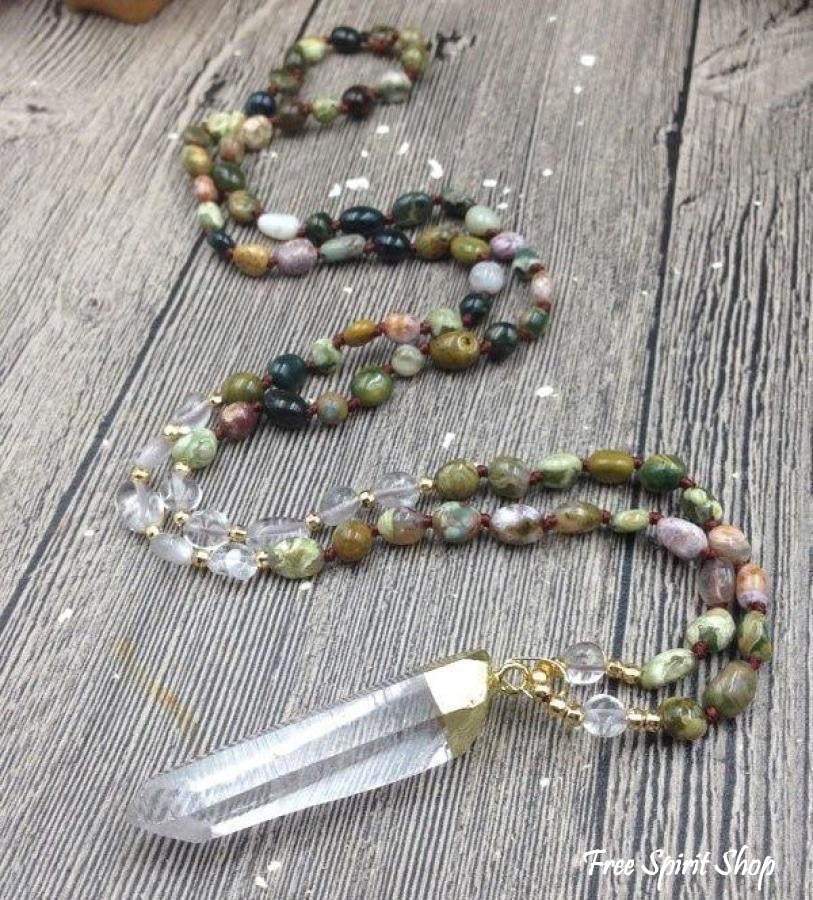 natural ocean jasper clear quartz pendant necklace jewelry gemstone bead