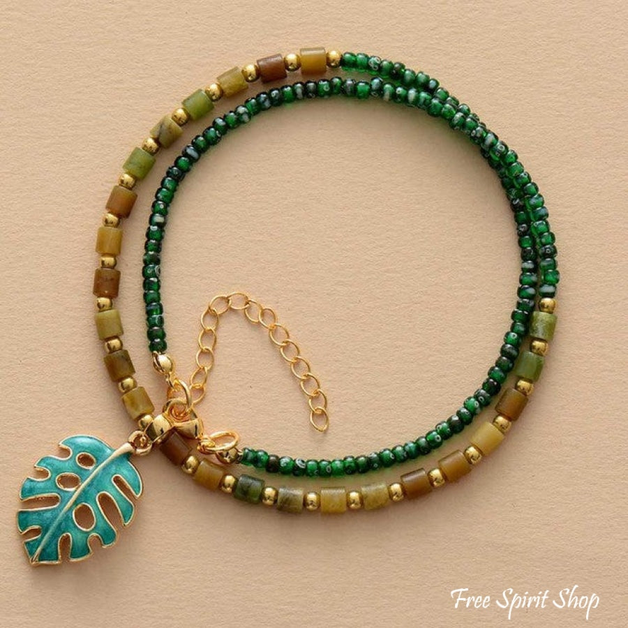 Natural Olivine & Palm Leaf Pendant Necklace - Free Spirit Shop
