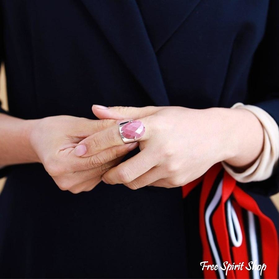 Natural Pink Rhodonite Silver Cuff Ring - Free Spirit Shop