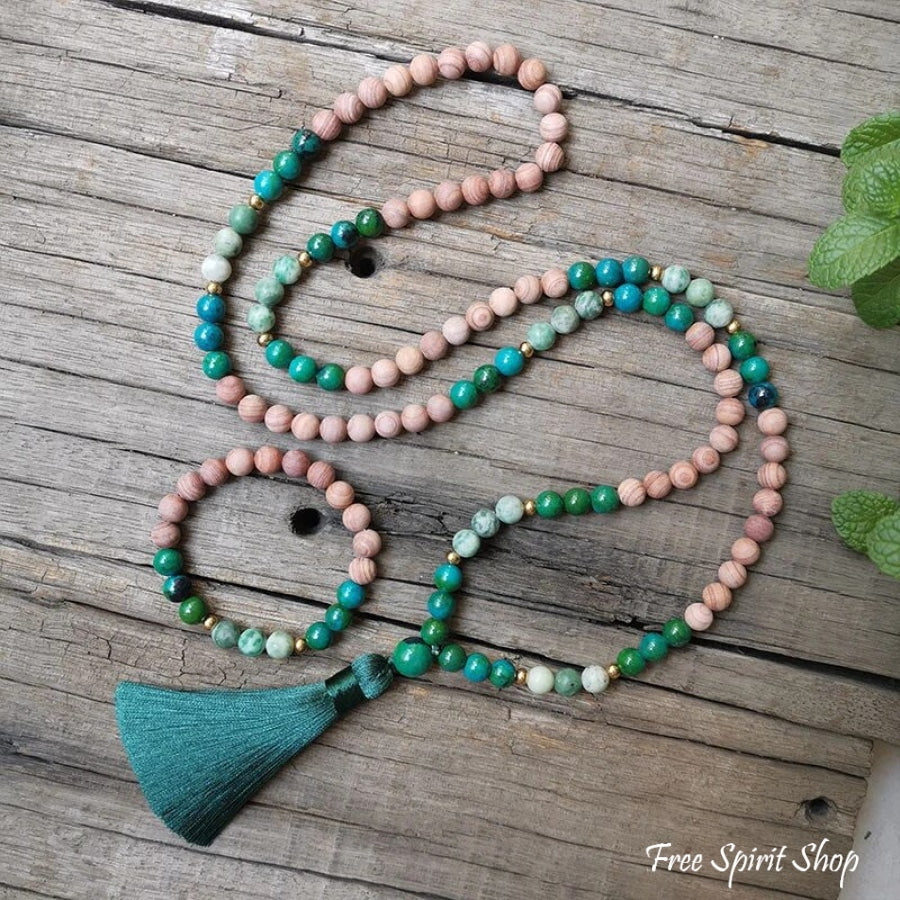 Natural Pink Sand Stone & Chrysocolla Mala Bead Necklace / Bracelet Jewelry > Gemstone