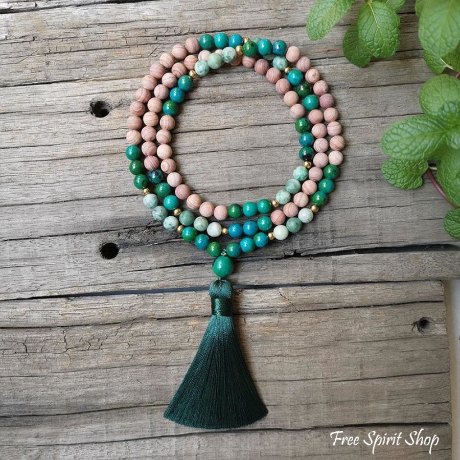 Natural Pink Sand Stone & Chrysocolla Mala Bead Necklace / Bracelet - Free Spirit Shop