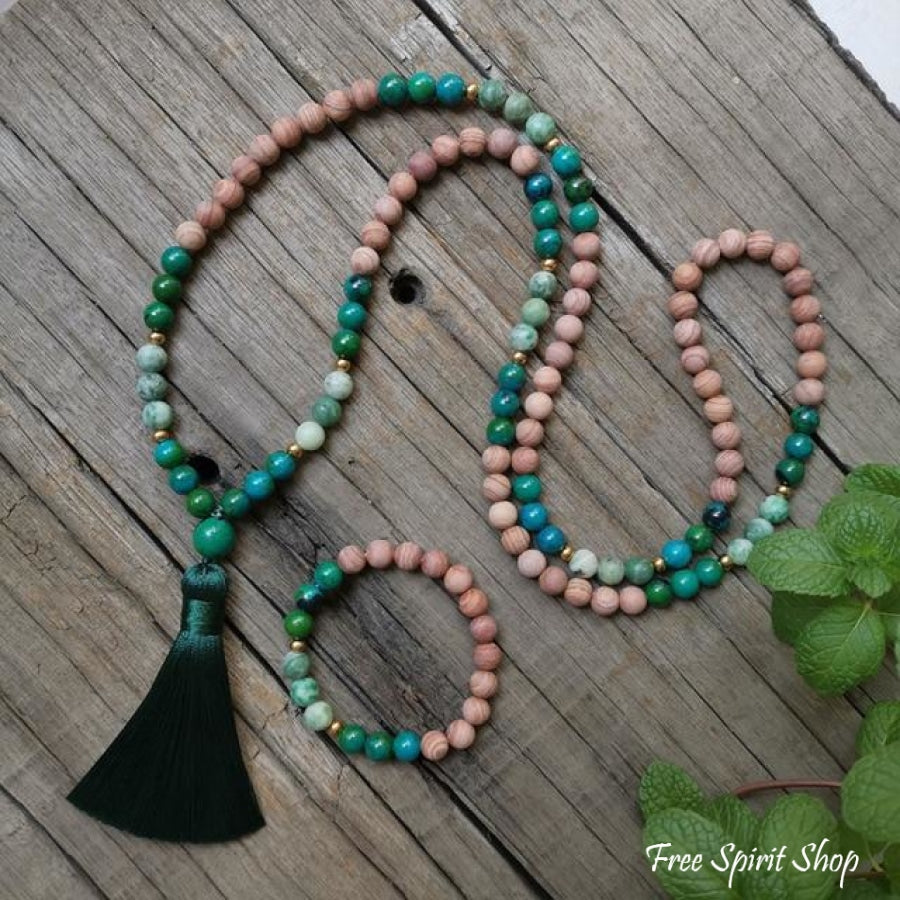 Natural Pink Sand Stone & Chrysocolla Mala Bead Necklace / Bracelet - Free Spirit Shop