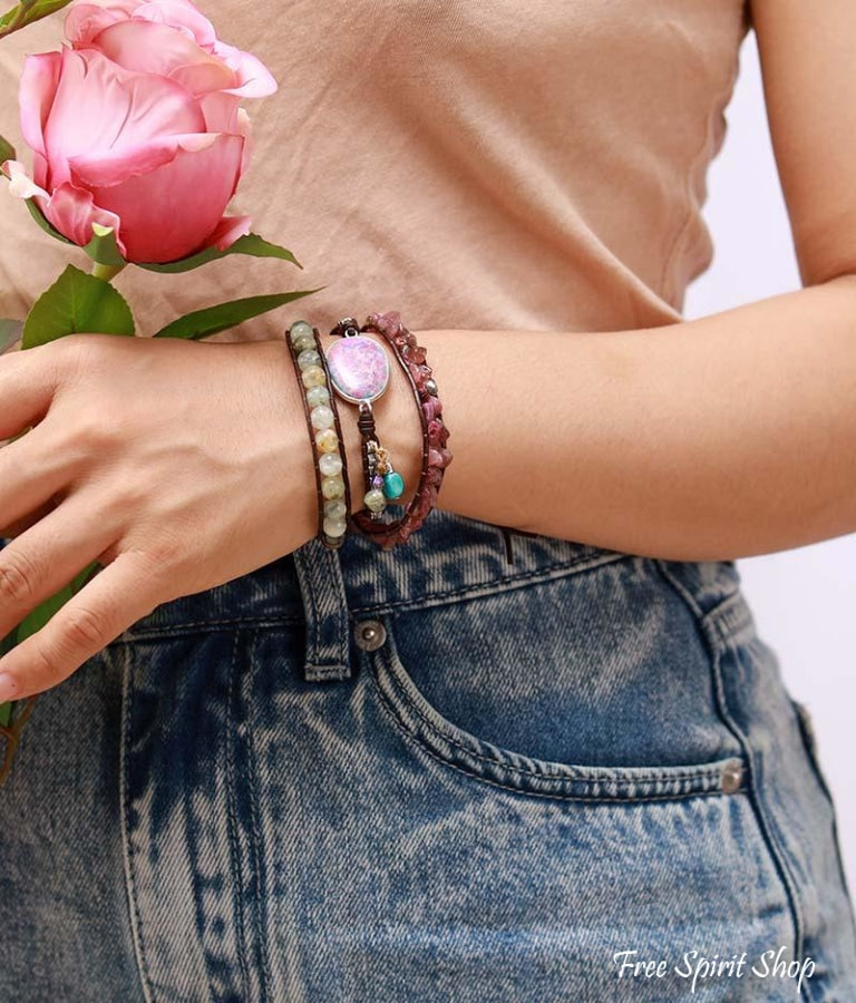 Natural Pink Tourmaline & Prehnite Wrap Bracelet - Free Spirit Shop