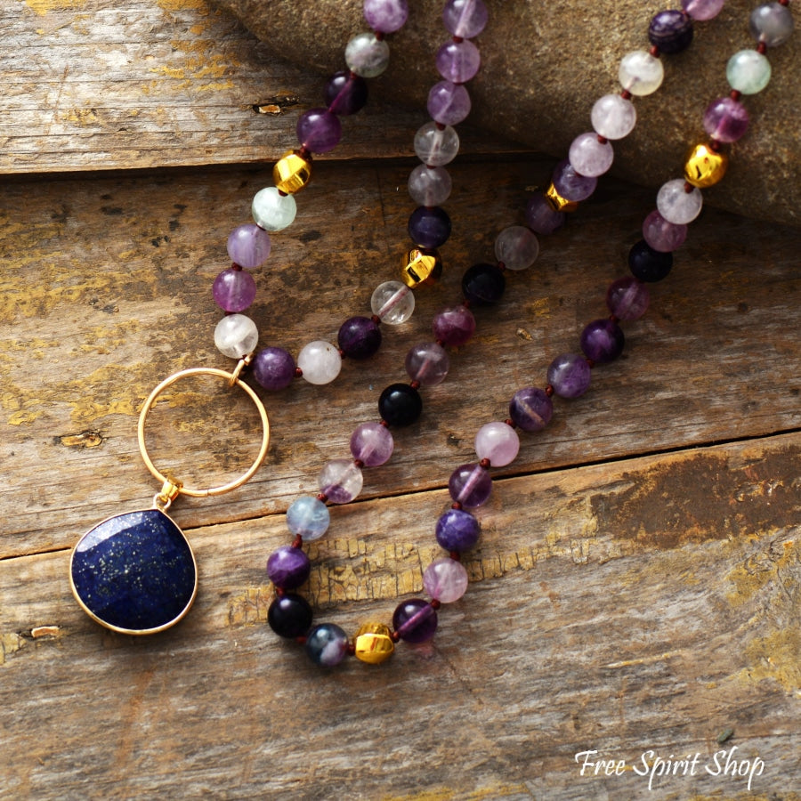 Natural Purple Fluorite & Amethyst With Lapis Pendant Necklace - Free Spirit Shop