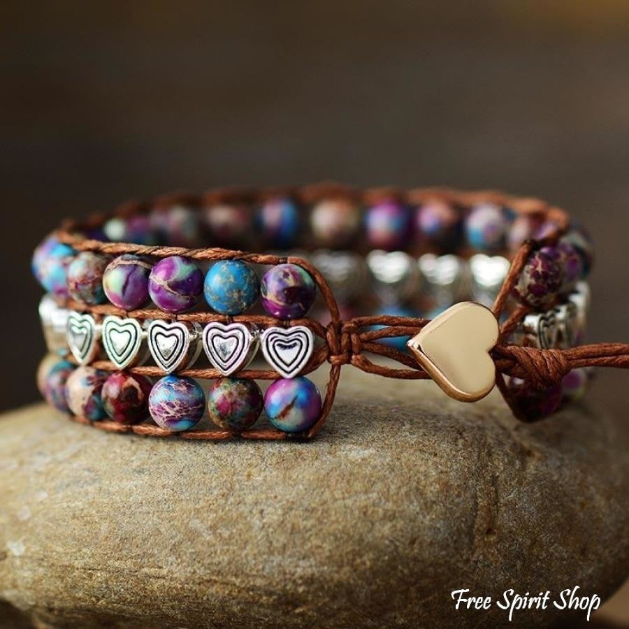 Natural Purple Jasper Heart Charms Wrap Bracelet - Free Spirit Shop