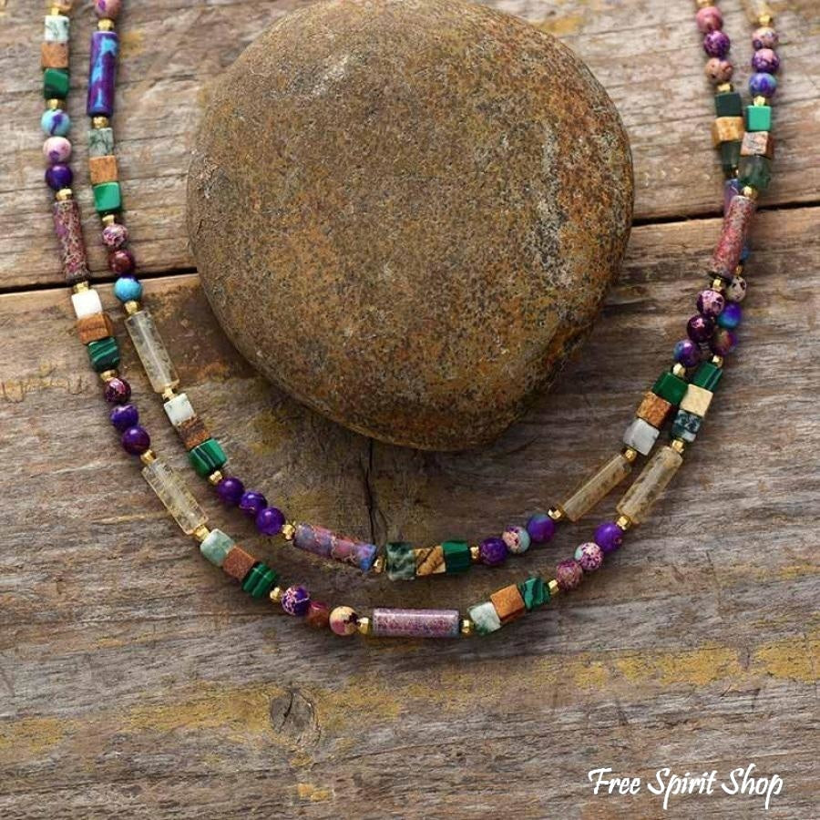 Natural Purple Jasper & Mixed Gemstone Bead Choker Necklace - Free Spirit Shop