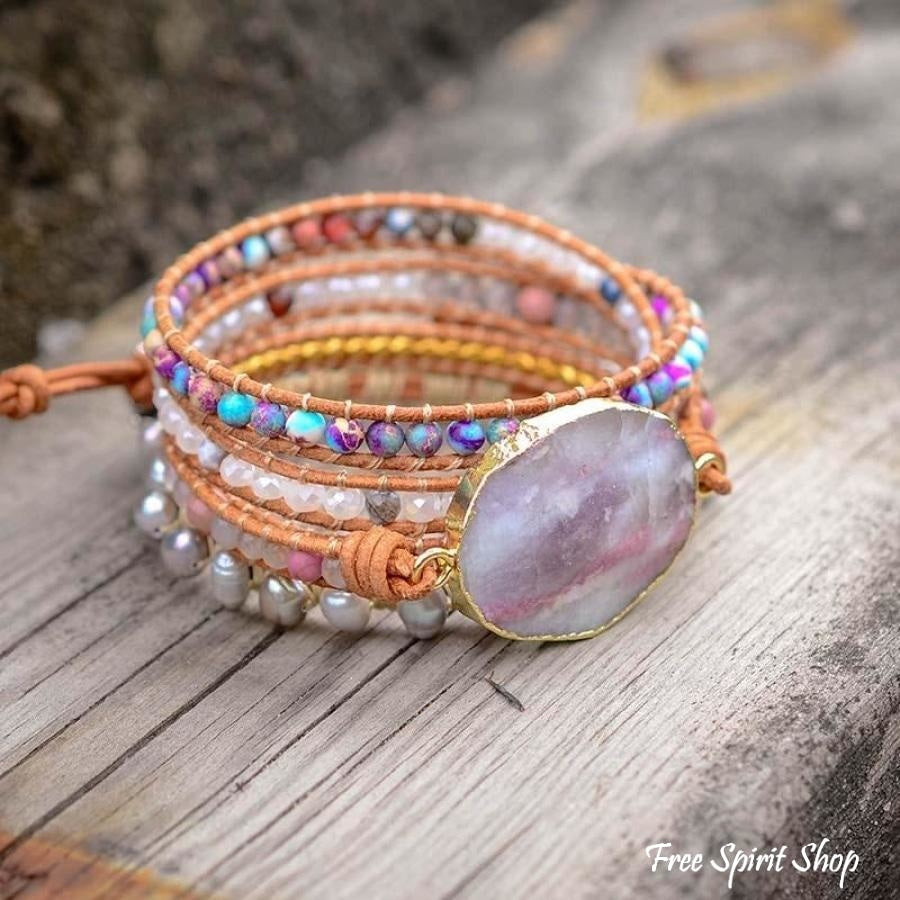 Natural Purple Quartz & Jasper Wrap Bracelet - Free Spirit Shop