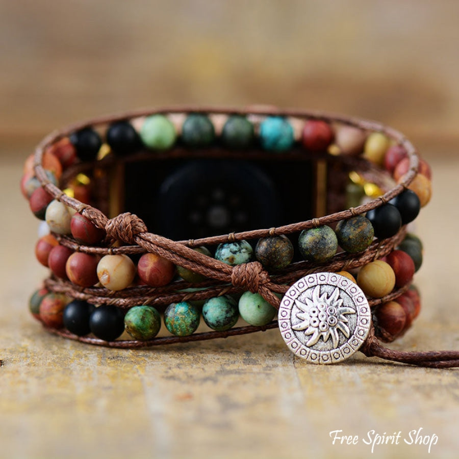 Natural Red Jasper Black Onyx & African Turquoise Apple Watch Band - Free Spirit Shop