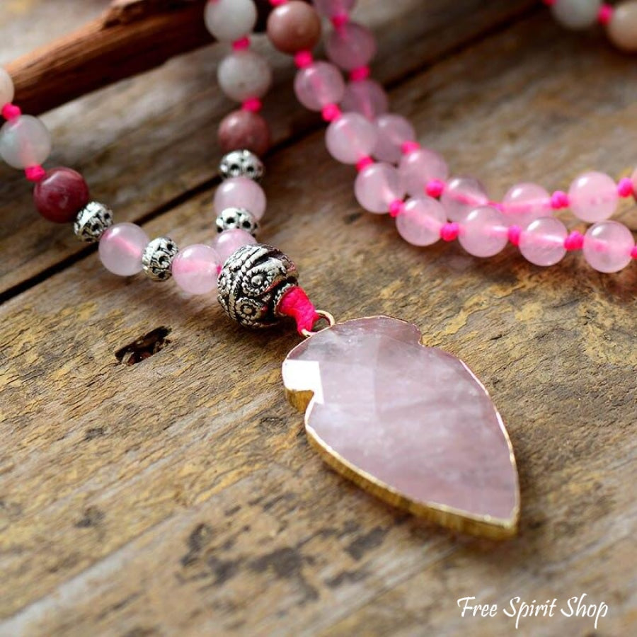 Natural Rhodonite Amazonite & Rose Quartz Arrowhead Beaded Necklace - Free Spirit Shop