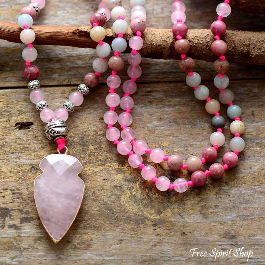 Natural Rhodonite Amazonite & Rose Quartz Arrowhead Beaded Necklace - Free Spirit Shop