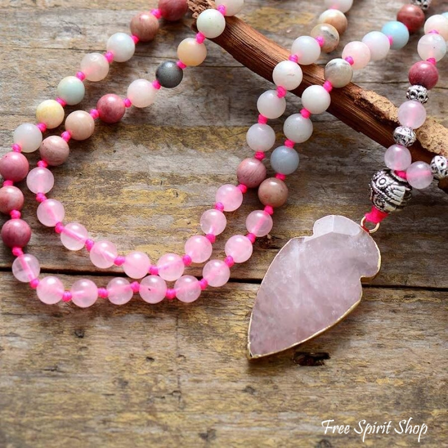 Natural Rhodonite Amazonite & Rose Quartz Arrowhead Beaded Necklace - Free Spirit Shop