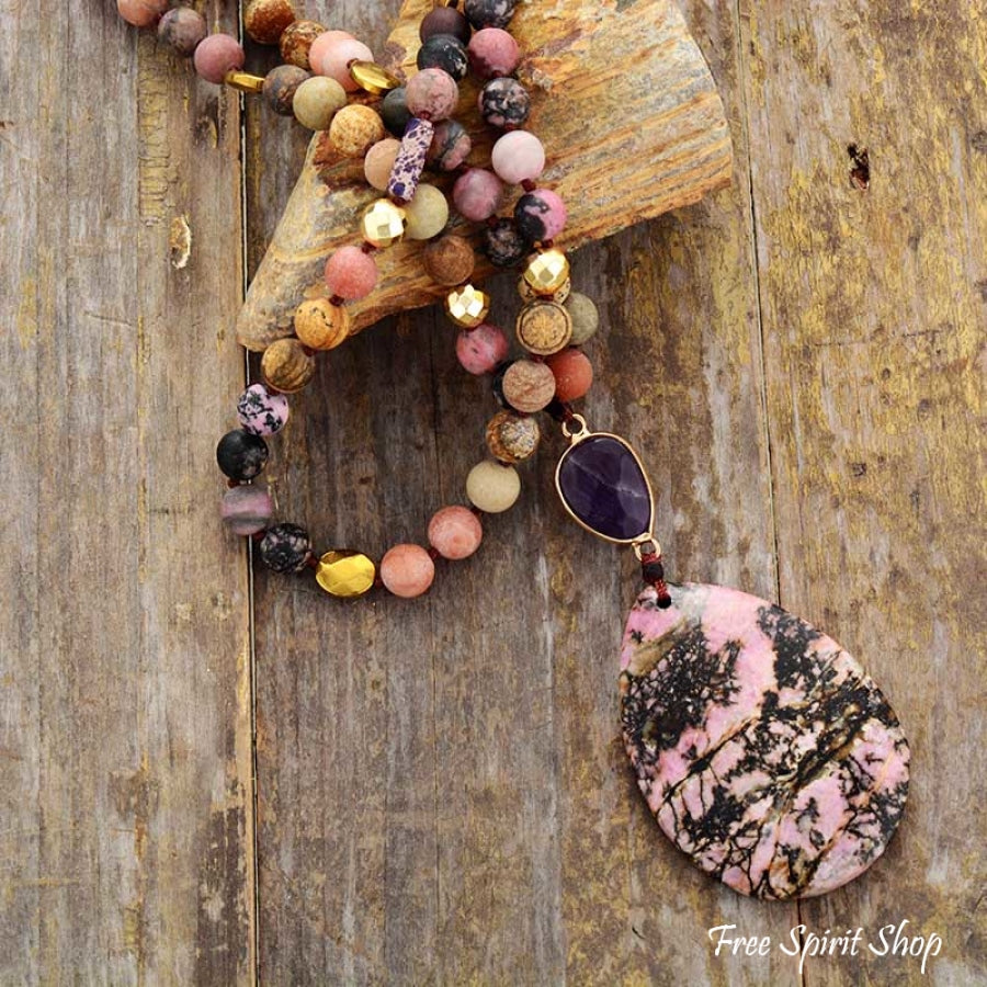 Natural Rhodonite and Jasper Gemstone Bead Necklace - Free Spirit Shop