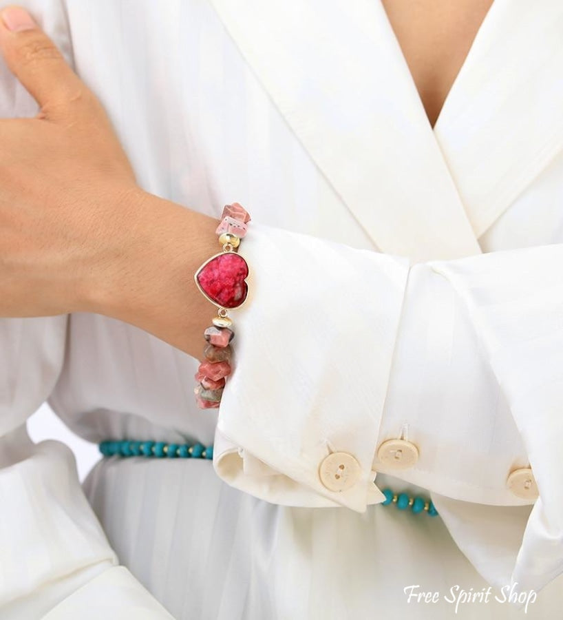 Natural Rhodonite Heart Bead Bracelet - Free Spirit Shop