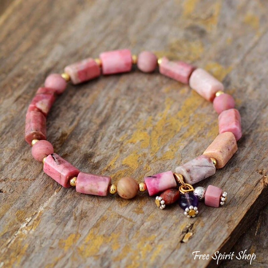 Natural Rhodonite Stone Tube Bead Bracelet - Free Spirit Shop