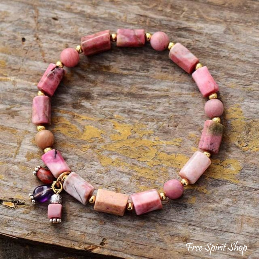 Natural Rhodonite Stone Tube Bead Bracelet - Free Spirit Shop