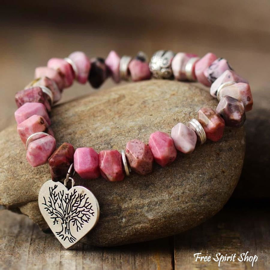 Natural Rhodonite Tree of Life & Heart Bead Bracelet - Free Spirit Shop