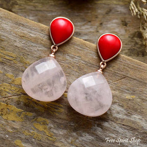 Natural Rose Quartz and Red Stone Drop Earrings - Free Spirit Shop
