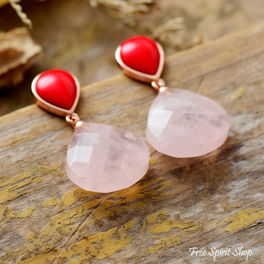Natural Rose Quartz and Red Stone Drop Earrings - Free Spirit Shop