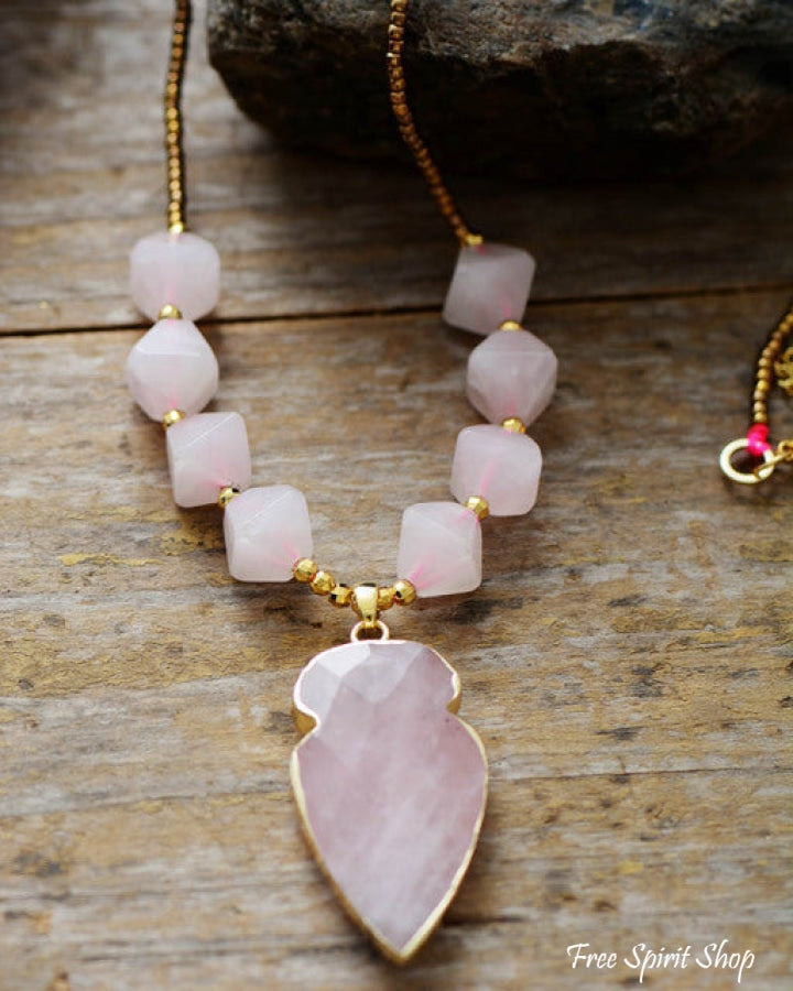 Natural Rose Quartz Diamond Shaped Pendant Necklace - Free Spirit Shop