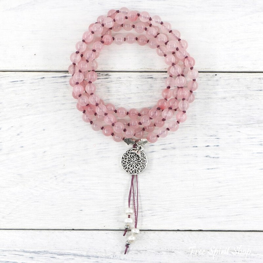 Natural Rose Quartz & Mandala Flower Mala Bead Necklace - Free Spirit Shop