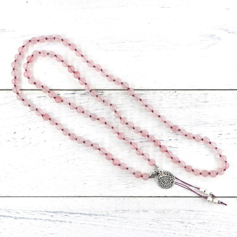 Natural Rose Quartz & Mandala Flower Mala Bead Necklace - Free Spirit Shop