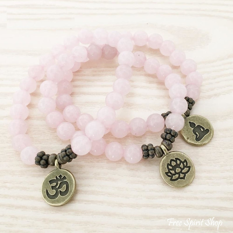 Natural Rose Quartz Stone Buddha Mala Bead Bracelet