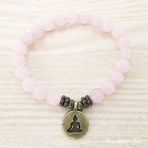 Natural Rose Quartz Stone Buddha Mala Bead Bracelet