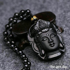 Natural Semi-Precious Obsidian Buddha Head Necklace