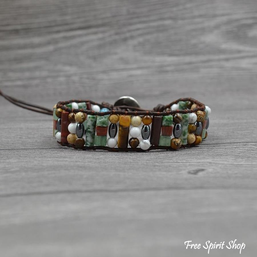 Natural Semi-Precious Stones & Leather Tree Of Life Wrap Bracelet - Free Spirit Shop