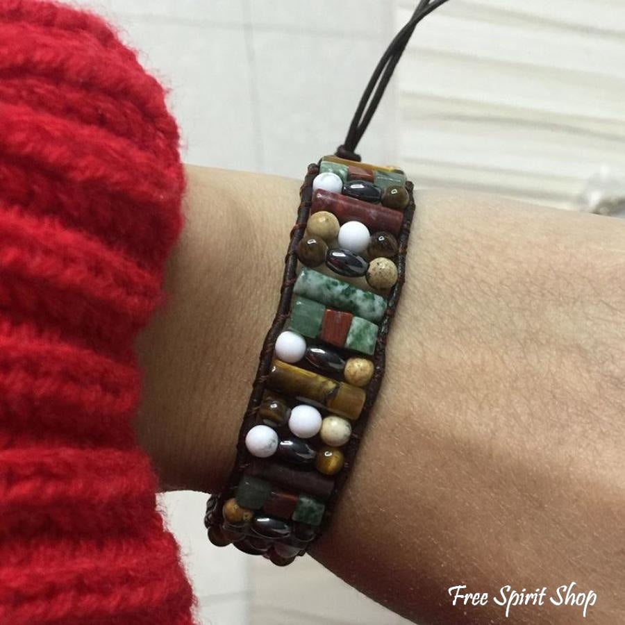 Natural Semi-Precious Stones & Leather Tree Of Life Wrap Bracelet - Free Spirit Shop