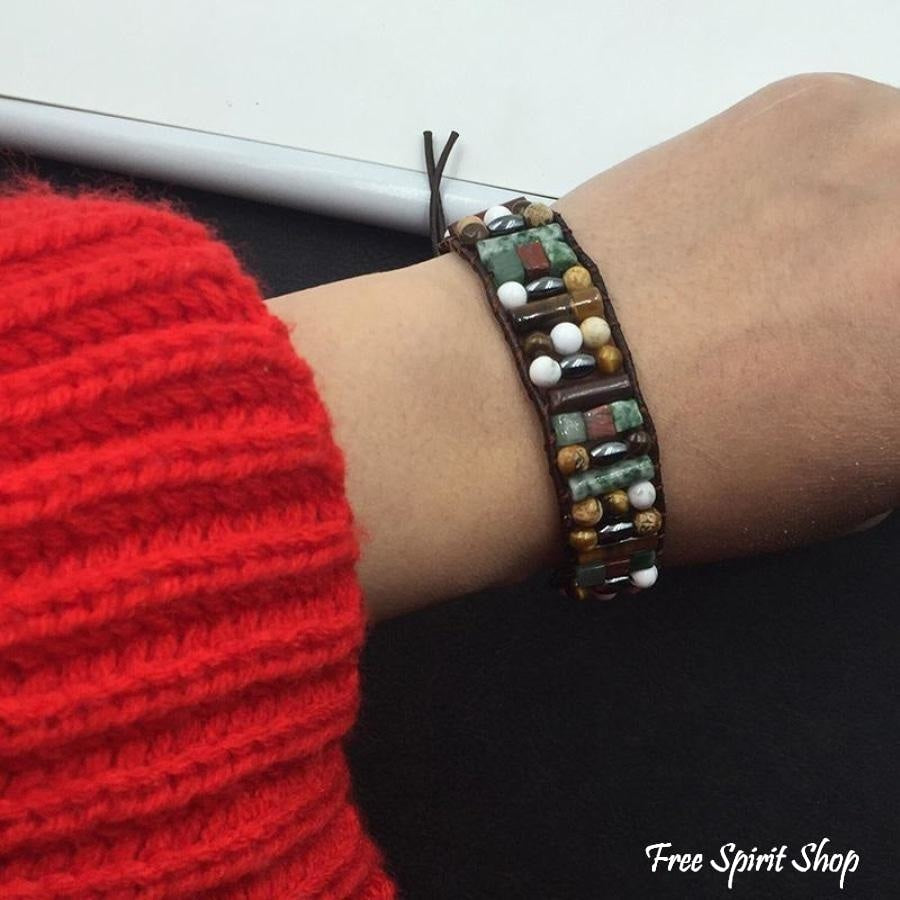 Natural Semi-Precious Stones & Leather Tree Of Life Wrap Bracelet - Free Spirit Shop