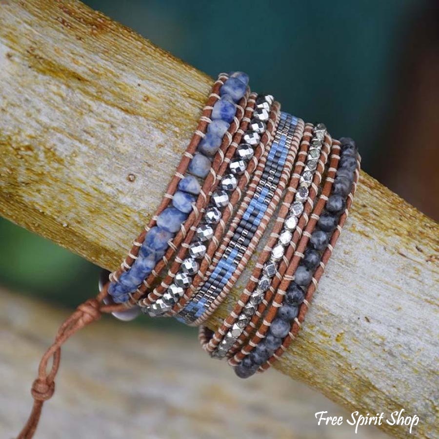 Natural Sodalite, Labradorite & Hematite Stone Leather Wrap Bracelet - Free Spirit Shop