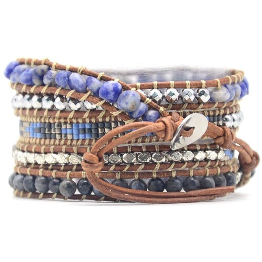 Natural Sodalite, Labradorite & Hematite Stone Leather Wrap Bracelet - Free Spirit Shop