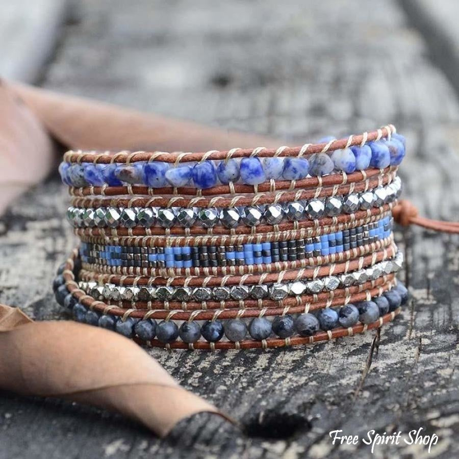 Natural Sodalite, Labradorite & Hematite Stone Leather Wrap Bracelet - Free Spirit Shop