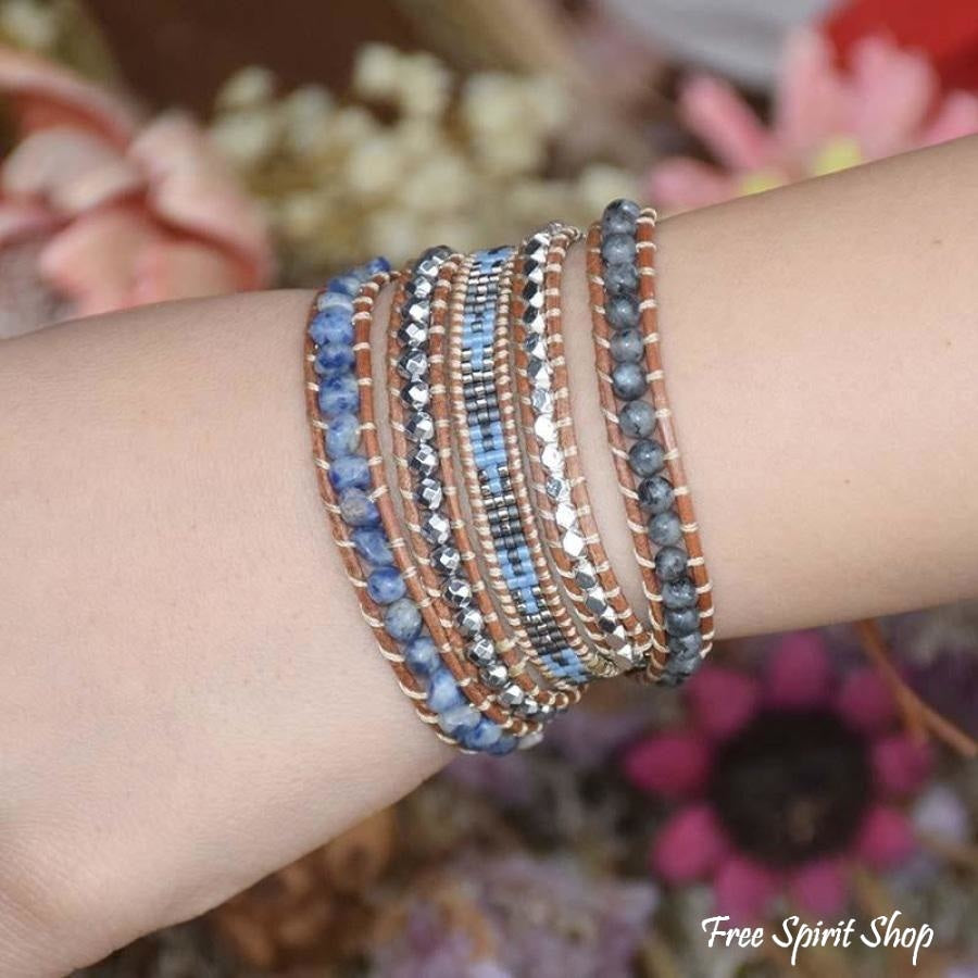 Natural Sodalite, Labradorite & Hematite Stone Leather Wrap Bracelet - Free Spirit Shop