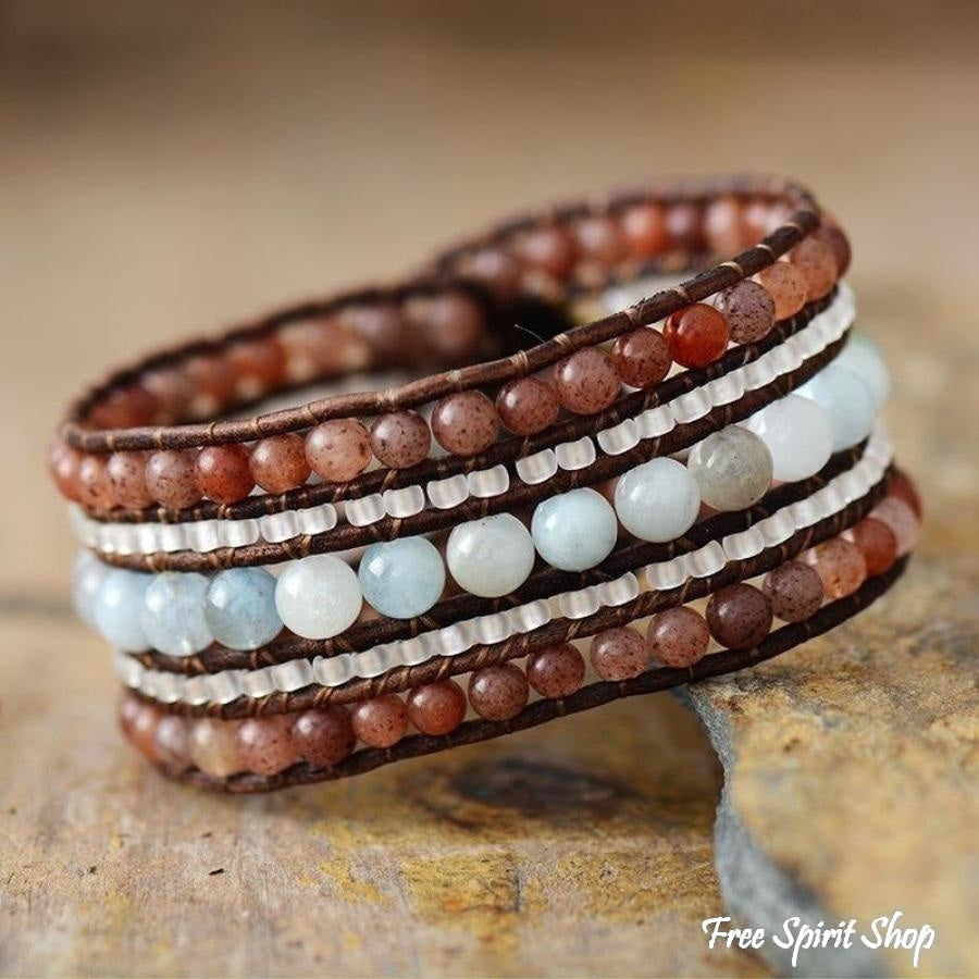 Natural Strawberry Quartz & Aquamarine Bead Wrap Bracelet - Free Spirit Shop