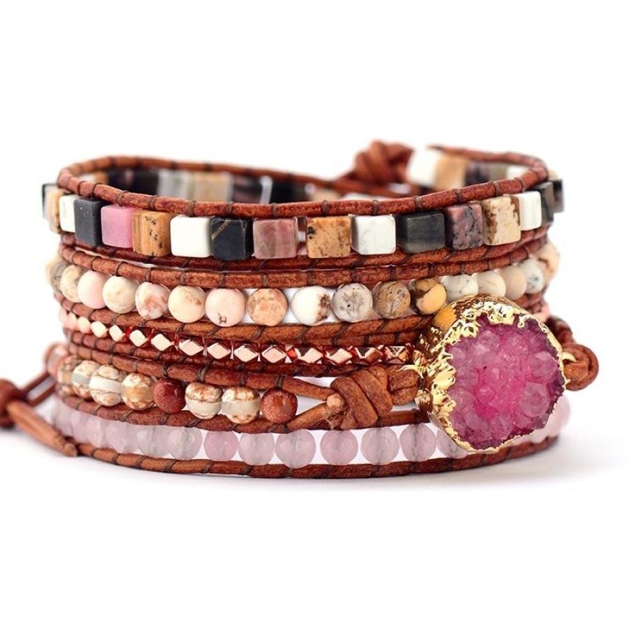 Natural Strawberry Quartz Jasper & Rose Quartz Wrap Bracelet - Free Spirit Shop