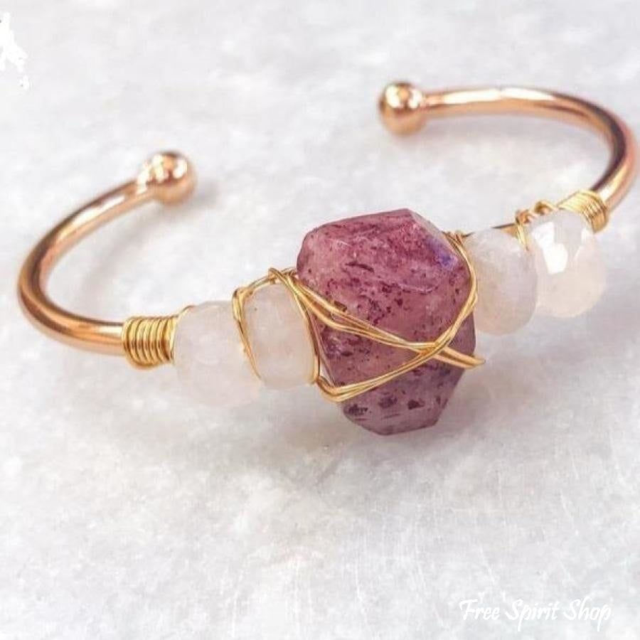 Natural Strawberry Quartz & Moonstone Cuff - Free Spirit Shop