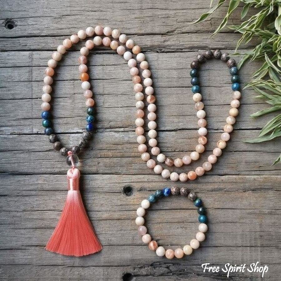 Natural Sunstone & Chrysocolla Mala Bead Necklace / Bracelet - Free Spirit Shop