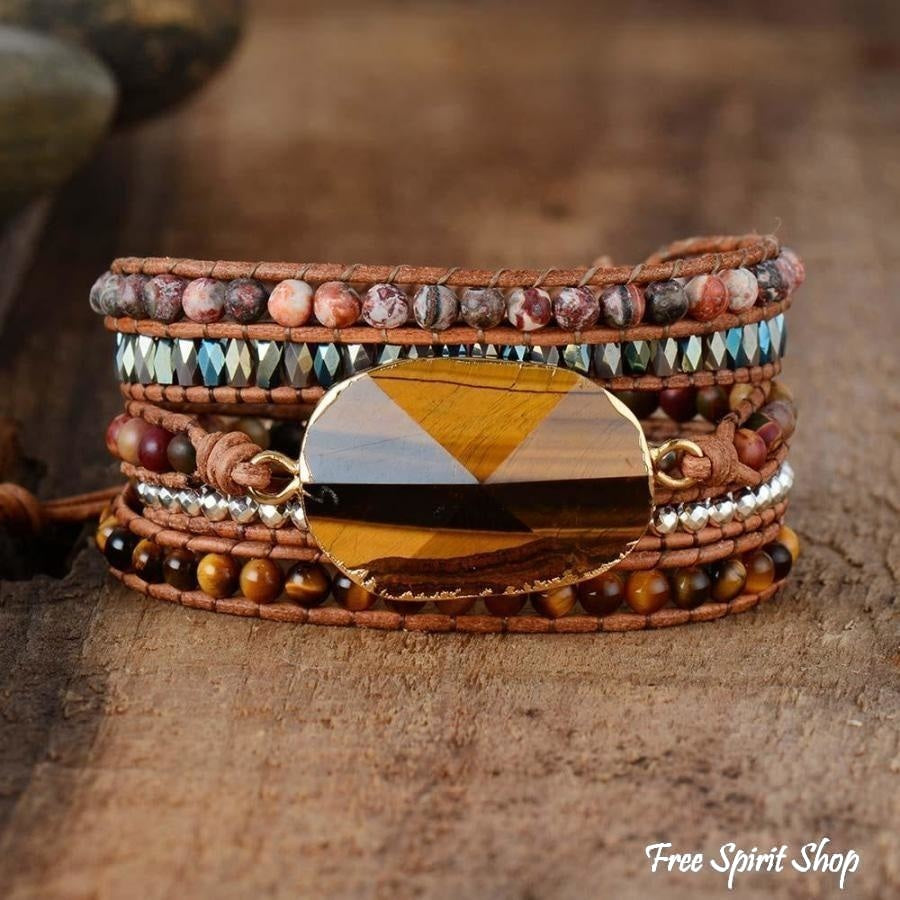 Natural Tiger Eye & Jasper Beaded Wrap Bracelet - Free Spirit Shop